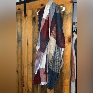 Plaid Fringe Scarf in Red, Blue, and Beige